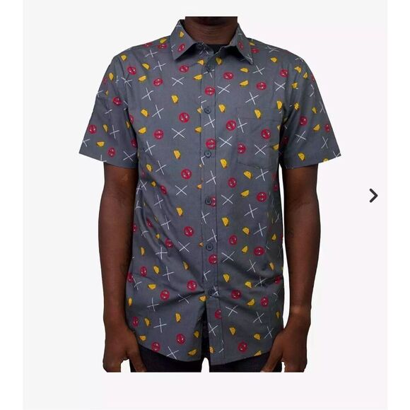 NWT Hot Topic Marvel Deadpool Taco Party Woven Short Sleeve Button-Up Shirt XL - Picture 1 of 8